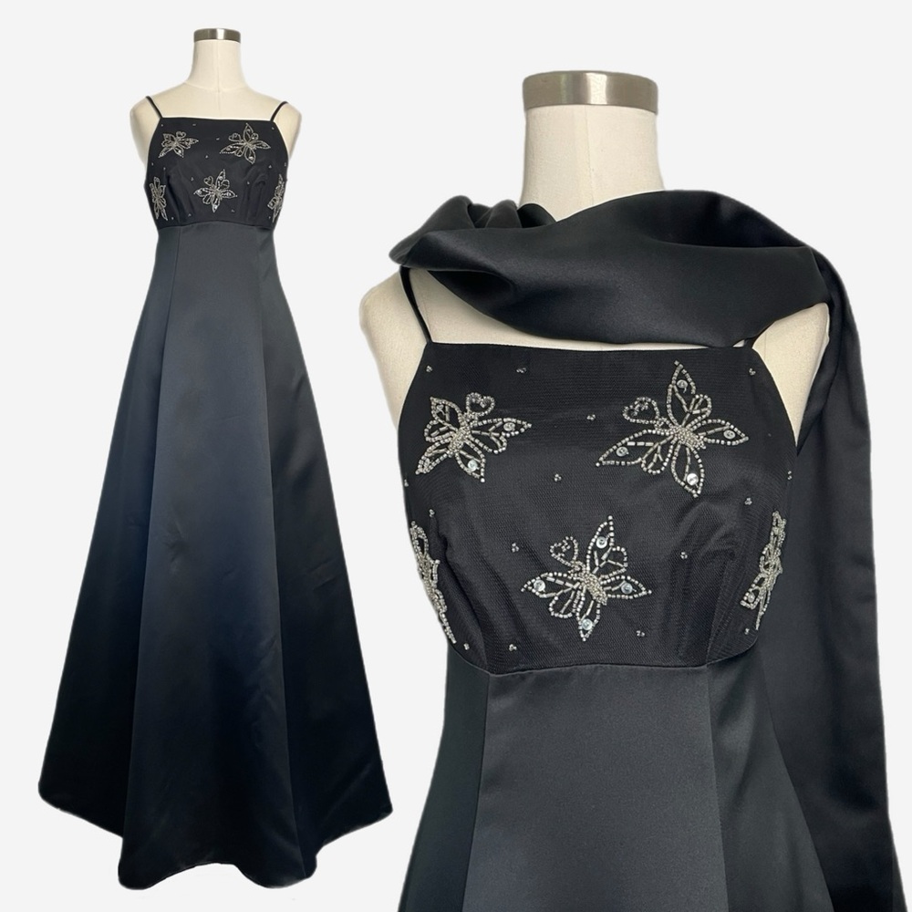 Vintage Y2K Night Way black butterfly beaded sequin ball gown prom princess XS